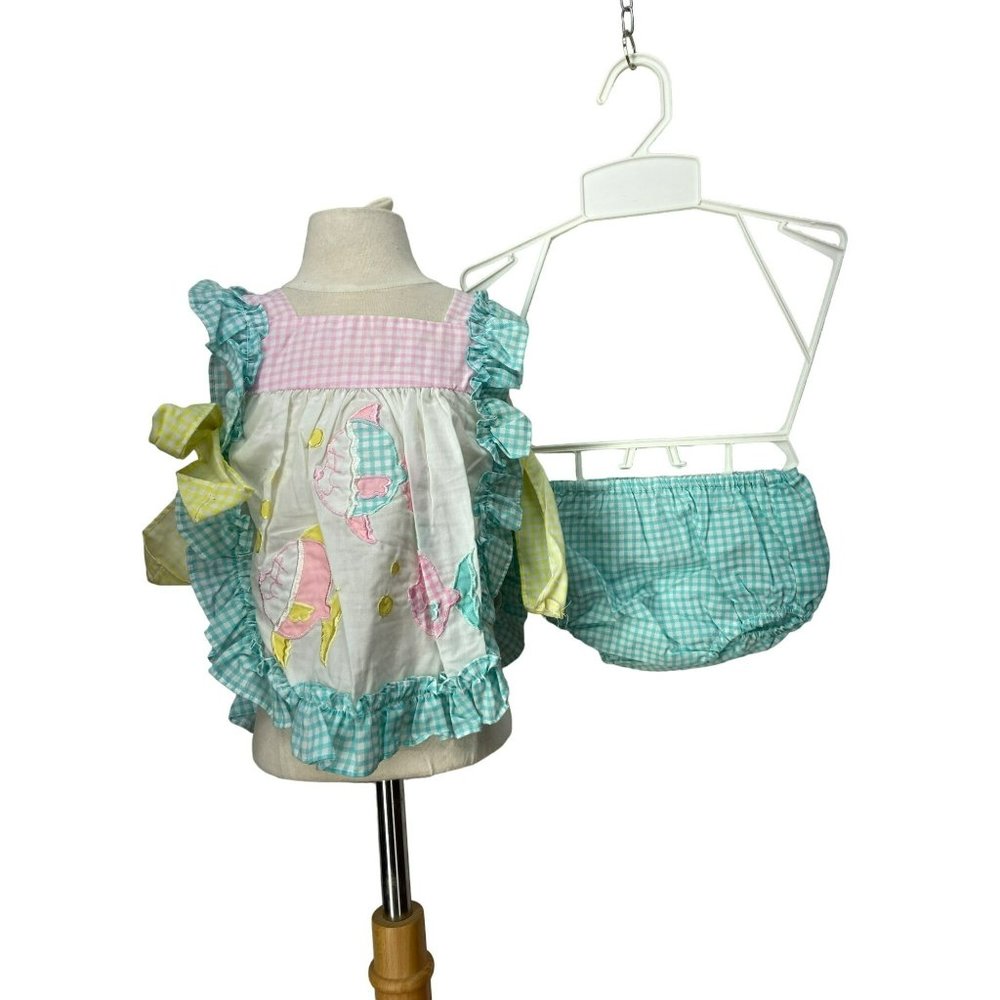 Broadway Kids Aqua Pink Gingham Smock Fish Tie Side Size 18 Months Two Piece Set